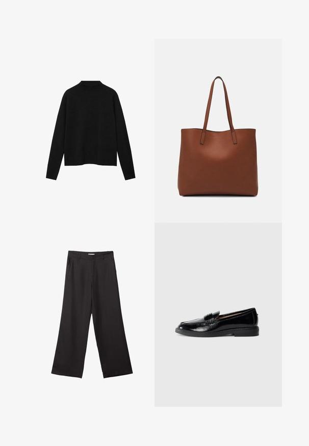 Crna rolka od mekanog materijala, s dugim rukavima i opuštenim krojem, s čistem, minimalističkim dizajnom.; Crne hlače širokog kroja izrađene od glatkog materijala, s prednjim patentnim zatvaračem i dva bočna džepa, s prilagođenim fitom i minimalističkim dizajnom.; Crni sjajni kožni loafer s zaobljenim prstima, niskim potpeticama, ukrasnom trakom i glatkom potplatom na jednostavnoj svijetlosivoj pozadini.; Smeđa kožna torba preko ramena s glatkom teksturom, otvorenim vrhom i dvjema naramenicama. Ima minimalne šavove i nema vidljivog hardvera.