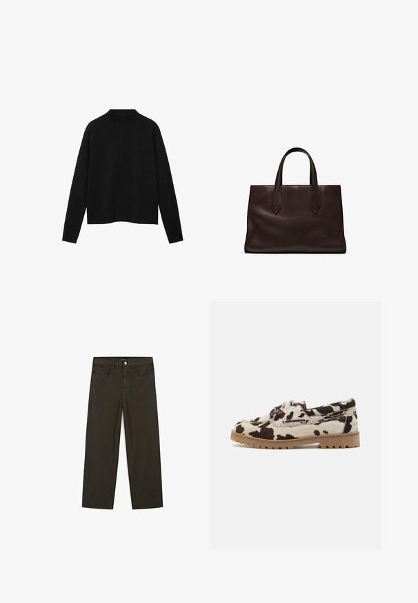 Maglione a collo alto di colore nero realizzato in tessuto morbido, con maniche lunghe e una vestibilità rilassata, caratterizzato da un design pulito e minimalista.; Jeans a gamba larga di colore verde scuro, realizzati in tessuto misto cotone, dotati di chiusura con bottone frontale, cinque tasche e cuciture classiche in denim.; Scarpe con motivo di pelle di mucca caratterizzate da una base crema con macchie marrone scuro, realizzate con suola in gomma e dettagli con lacci.; Borsa a spalla in pelle marrone con due manici lunghi, forma rettangolare strutturata, texture liscia e dettagli di cucitura sottili.