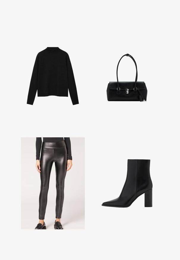 Pull à col roulé noir en tissu doux, avec des manches longues et une coupe décontractée, au design épuré et minimaliste.; Leggings taille haute en simili cuir noir avec une texture lisse et une coupe ajustée, présentant une silhouette élégante et un minimum de détails.; Botte chelsea en cuir noir avec un bout pointu, un talon carré, une texture lisse et des détails de couture le long des coutures. Les talons mesurent environ 8,9 cm.; Sac à main en cuir noir avec une texture lisse, au design structuré, doté de deux poignées et d'un détail en métal argenté au centre.