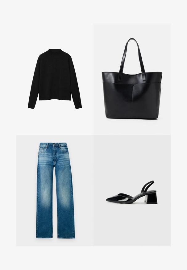 Črn pulover z visokim ovratnikom, izdelan iz mehke tkanine, z dolgimi rokavi in sproščenim krojem, z čistim, minimalističnim dizajnom.; Svjetloplave traper hlače s visokim strukom, širokim nogavicama i izblijedjelim završetkom. Imaju klasičan dizajn s pet džepova i metalnu kopču.; Črne lakirane slingback pete s koničastim nosom in geometrijsko blokasto peto. Imajo eleganten, minimalističen dizajn in gladko teksturo.; Črna usnjena torba z dvema dolgima ročajema, gladko teksturo in strukturirano obliko. Ima sprednji žep za dodatno shranjevanje.
