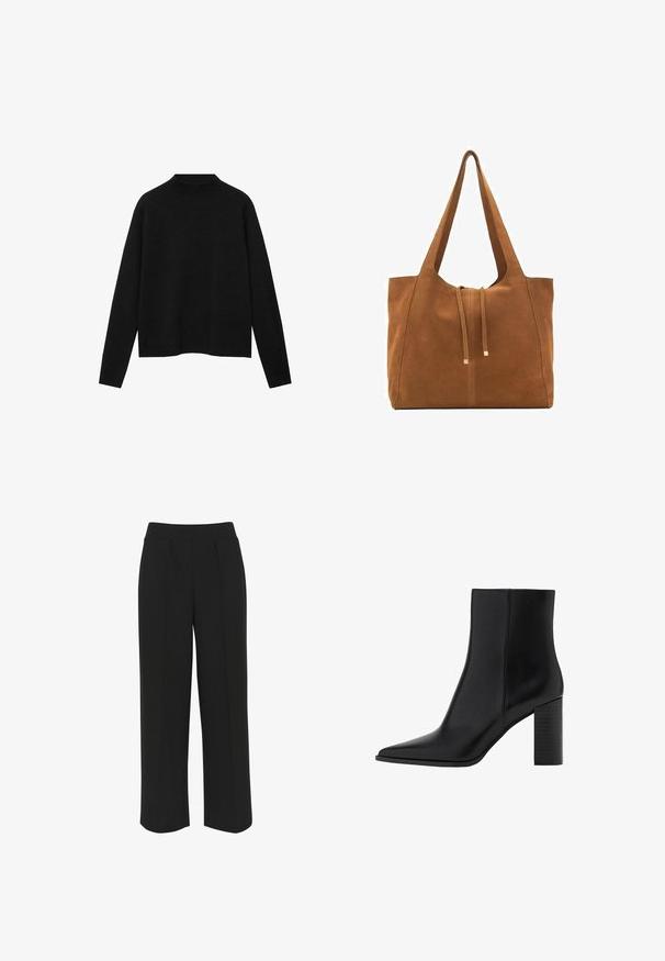 Svart polotröja i mjuk tyg, med långa ärmar och avslappnad passform, med en ren, minimalistisk design.; Svarta vida byxor med en platt midja, som har framfickor och en slät yta. Inga synliga fickor eller beslag.; Svart läderankelboot med spetsig tå, fyrkantig klack, slät yta och sömnadsdetaljer längs sömmarna. Klacken mäter cirka 8,9 cm.; Brun mockaläders toteväska med två långa remmar, dragsko-stängning och minimalistisk design. Slät textur och inga synliga metallaccenter.; Svarta läderhandskar med slät yta, med sömmar längs fingrarna och en åtsittande design. Mjuk, smidig material för komfort.