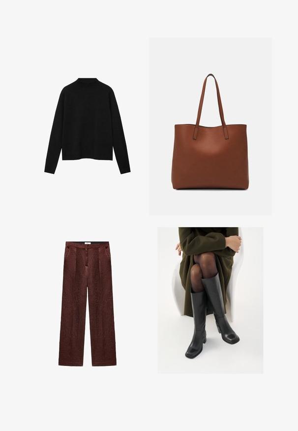 Čierny rolák vyrobený z mäkkého materiálu, s dlhými rukávmi a voľným strihom, s čistým, minimalistickým dizajnom.; Hnedé široké nohavice vyrobené z textúrovanej látky, s prednými záhybmi a postrannými vreckami, so hladkým pásom na vrchu.; Čierne kožené čižmy po kolená so štvrtým prstom a blokovým opätkom, zobrazené s modelom sediacim v olivovo zelenej bunde. Hladká textúra, minimálne detaily.; Hnedá kožená taška na rameno s hladkou textúrou, otvoreným vrchom a dvoma ramenými popruhmi. Má minimálne šitia a žiadne viditeľné kovania.
