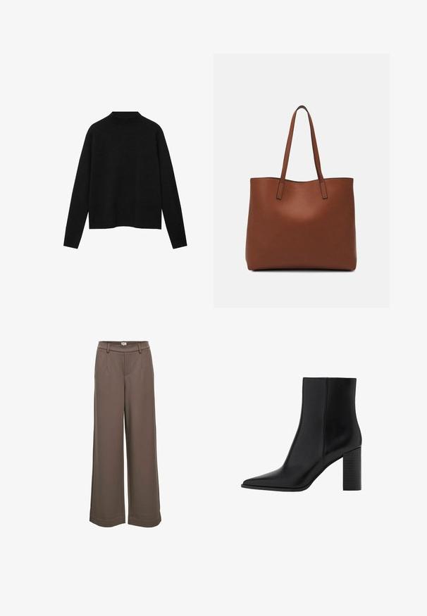 Črn pulover z visokim ovratnikom, izdelan iz mehke tkanine, z dolgimi rokavi in sproščenim krojem, z čistim, minimalističnim dizajnom.; Hlače širokega kroja v mehkem, rjavem blagu. Imajo visok pas, dve sprednji žepki in gladko teksturo z vsakdanjim dizajnom.; Črne usnjene gležnjarje z ostrim nosom, kvadratno peto, gladko teksturo in šivi ob šivih. Pete merijo približno 3,5 palca.; Rjava usnjena torba z gladko teksturo, odprto zasnovo zgoraj in dvema naramnima trakovoma. Opremljena je z minimalnim šivanjem in brez vidnih kovinskih delov.