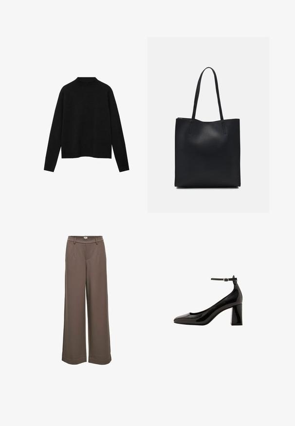 Mustat korkeakauluksinen neulepaita pehmeästä kankaasta, jossa on pitkät hihat ja rento istuvuus, sekä yksinkertainen, minimalinen muotoilu.; Laadukkaat leveälahkeiset housut pehmeästä ruskeasta kankaasta. Ominaisuuksina korkea vyötärö, kaksi etutaskua ja sileä tekstuuri rentoa ilmettä varten.; Musta lakattu nahka avokkaat nilkkahihnalla, kiiltävä pinta, terävä kärki ja paksu lohkare korko. Tasainen pinta, minimaalinen yksityiskohtaisuus.; Mustapahkainen kangaskassi, jossa on sileä pinta, suorakaiteen muotoinen ja kaksi pitkää kahvaa. Ei näkyvää metalliosaa tai koristeita.