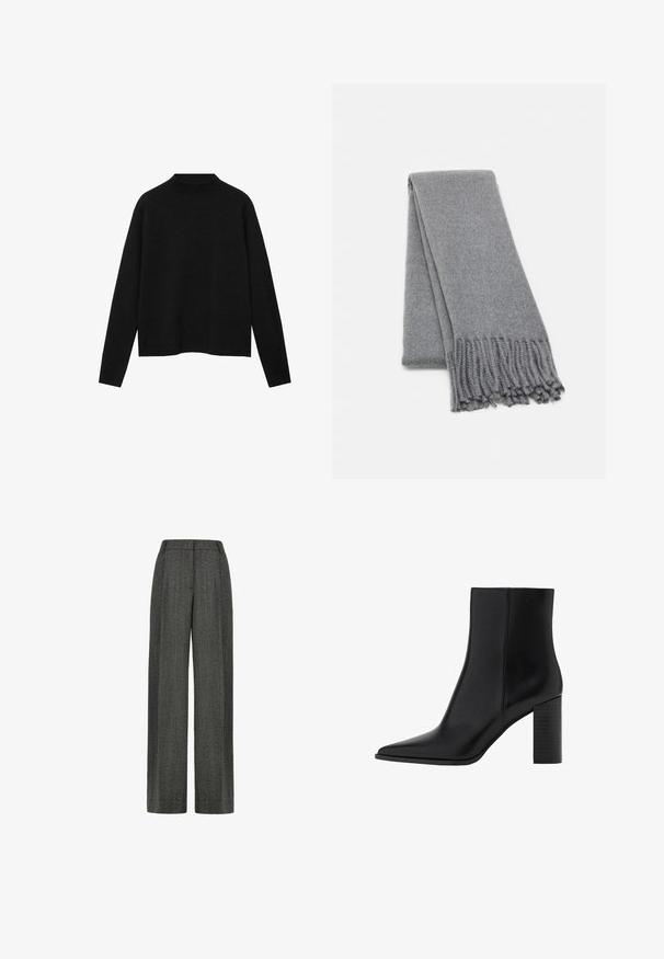 Svart polotröja i mjuk tyg, med långa ärmar och avslappnad passform, med en ren, minimalistisk design.; Breda byxor i mörkgrå texturerad tyg. Har hög midja och strukturerad design, med släta, rena linjer och ingen synlig hårdvara.; Svart läderankelboot med spetsig tå, fyrkantig klack, slät yta och sömnadsdetaljer längs sömmarna. Klacken mäter cirka 8,9 cm.; Grå ullscarf med en mjuk textur, med fransade kanter och en enkel design. Fint vikt, vilket visar dess avlånga form.