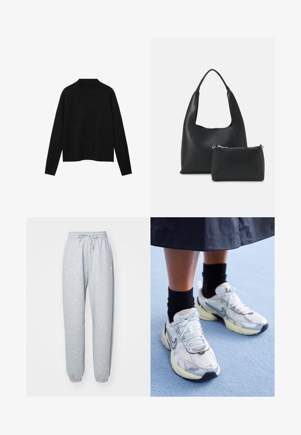 Černý rolák vyrobený z měkké látky, s dlouhými rukávy a uvolněným střihem, se čistým a minimalistic designem.; Světle šedé tepláky vyrobené z měkké bavlněné směsi, s elastickým pasem na šňůrku, zúženými nohavicemi a žebrovanými manžetami. Minimální detaily značky.; Bílé a stříbrné tenisky Nike z prodyšné tkaniny s reflexními akcenty a béžovou podrážkou. Nosené s černými ponožkami, stojící na modrém povrchu.; Even&Odd Kabelka - black