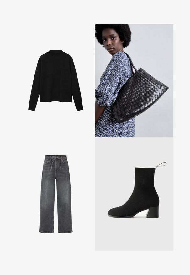 Zwarte coltrui van zacht materiaal, met lange mouwen en een relaxte pasvorm, met een schone, minimalistische uitstraling.; High-waisted, wijde zwarte denim jeans met voorzakken en een stoffen riem die in een strik om de taille is geknoopt.; Camper KORA - Lage laarzen - black; DRAGON DIFFUSION SANTA CROCE - Handtas - black