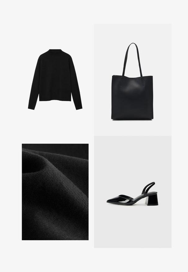 Maglione a collo alto di colore nero realizzato in tessuto morbido, con maniche lunghe e una vestibilità rilassata, caratterizzato da un design pulito e minimalista.; Tessuto nero con una texture liscia e una sottile lucentezza, caratterizzato da un motivo a trama diagonale e una caduta morbida e flessibile.; Décolleté in vernice nera con punta affusolata e tacco in geometria cubica. Presentano un design elegante e minimalista, con una texture liscia.; Borsa tote in pelle nera con texture liscia, forma rettangolare e due manici lunghi. Nessun hardware o decorazione visibile.