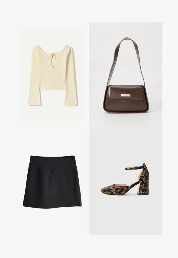 Bershka Stickad tröja - beige; Svart kjol med en slät textur, knälång design och enkel, elastisk midja. Har en diskret dragkedja på ryggen.; Svart och guldbeadad högklackad sko med ankelsnöre, spetsig tå och blockklack som har ett leopardmönster.; Brun läderaxelväska med en strukturerad form, som har en magnetisk klaffstängning och en metallisk logotypdetalj på framsidan.