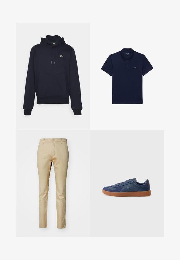 Sweatshirt à capuche bleu marine en mélange de coton, avec une poche kangourou, un capuchon avec cordon de serrage, et un petit logo brodé sur la poitrine.; Polo bleu marine en coton ; dotée d'un col classique, de manches courtes et d'un petit logo brodé blanc sur la poitrine gauche.; DOCKERS ORIGINAL - Pantalon classique - safari; Baskets bleu marine en cuir et daim, semelle en caoutchouc gomme, bout rond et fermeture à lacets avec un détail de marque sur le côté.