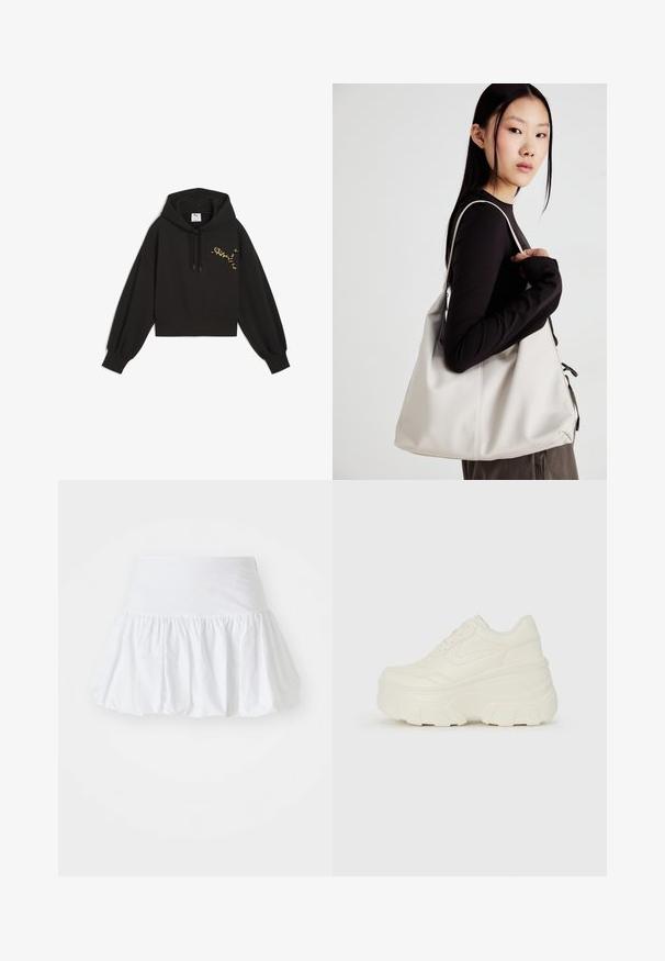 Felpa nera corta in morbido tessuto, con logo Puma in stampa leopardata sul petto, cappuccio con cordini e maniche a palloncino.; Gonna bianca svasata realizzata in tessuto leggero, con un design arricciato e una vita elastica per il massimo comfort. Senza motivi o dettagli visibili.; Sneakers bianchi con piattaforma, caratterizzati da una parte superiore simile alla pelle liscia, forma arrotondata, collo imbottito e suola in gomma testurizzata con scanalature ben definite.; Borsa a mano beige realizzata in materiale morbido, caratterizzata da un design morbido, dettagli cuciti e due manici. Adatta per l'uso quotidiano.