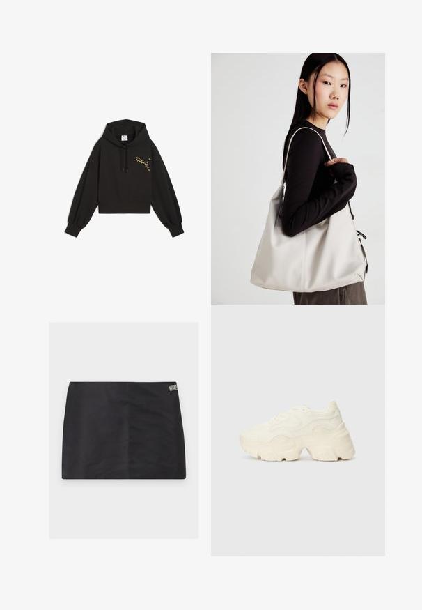 Čierna kratká mikina vyrobená z jemného materiálu, s potlačou leopardího vzoru na logu Puma na hrudi, s kapucňou na šnúrku a balónovými rukávmi.; Čierna sukňa s hladkou textúrou, rovný strih a malá logo nášivka na boku. Jednoduchý dizajn bez ďalších vzorov alebo detailov.; Masívne biele tenisky vyrobené z texturovanej sieťoviny a syntetických materiálov, s hrubou podošvou a zložitými vzorovými detailmi na bokoch.; Béžová kabelka vyrobená z mäkkého materiálu, s uvoľneným dizajnom, prišitými detailmi a dvoma popruhmi na nosenie na pleciach. Vhodná na každodenné nosenie.