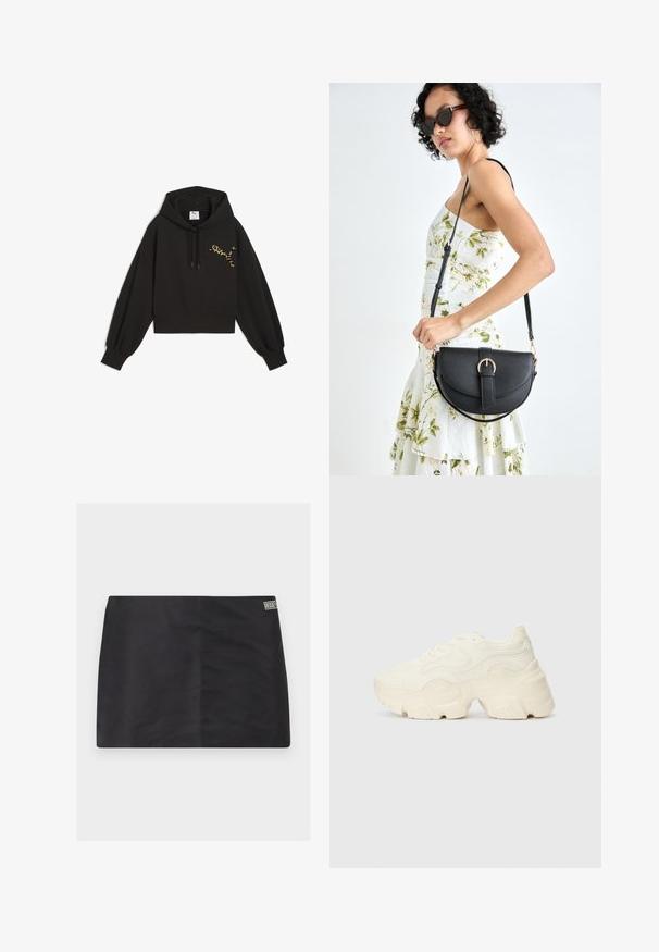 Čierna kratká mikina vyrobená z jemného materiálu, s potlačou leopardího vzoru na logu Puma na hrudi, s kapucňou na šnúrku a balónovými rukávmi.; Čierna sukňa s hladkou textúrou, rovný strih a malá logo nášivka na boku. Jednoduchý dizajn bez ďalších vzorov alebo detailov.; Masívne biele tenisky vyrobené z texturovanej sieťoviny a syntetických materiálov, s hrubou podošvou a zložitými vzorovými detailmi na bokoch.; Čierna kožená kabelka s zaobleným tvarom, odnímateľným popruhom a zlatými doplnkami. Kabelka má klopu s detailom s prackou.