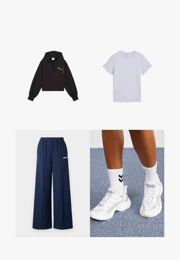 Melna krota kapuce ar mīkstu audumu, kurai ir leopardu raksta Puma logo uz krūtīm, ar kustību auklu kapuci un burbulīgām piedurknēm.; Gaiši zils īsām piedurknēm T-krekls ar apaļu kakla izgriezumu, izgatavots no teksturēta auduma, ar baltu logotipu kreisajā augšējā stūrī.; Jūras zilas plata kāju pelnu bikses ar elastīgu jostu un sānu kabatām. Uz kreisā augšstilba ir baltā logo. Gluda auduma tekstūra.; Balti sporta apavi ar sudraba akcentiem, no sieta materiāla un masīvu dizainu. Saskaņoti ar baltiem zeķēm ar melniem diogēna rakstiem.