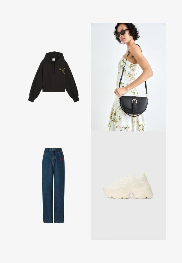 Felpa nera corta in morbido tessuto, con logo Puma in stampa leopardata sul petto, cappuccio con cordini e maniche a palloncino.; Jeans in denim blu scuro con vita alta, taglio ampio, tasche frontali e logo ricamato rosso sul lato sinistro. Design pulito e classico.; Sneakers bianchi chunky realizzati in mesh testurizzato e materiali sintetici, dotati di una suola spessa e dettagli con motivi intricati lungo i lati.; Borsa a tracolla nera in pelle con una forma curva, manico rimovibile e accessori dorati. La borsa presenta una patta con un dettaglio a fibbia.