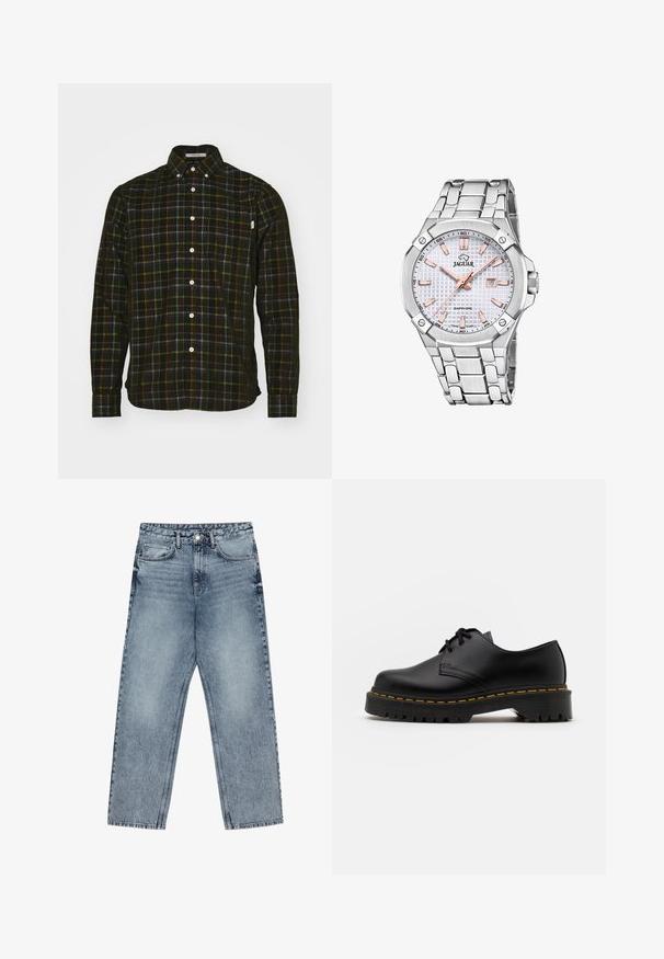 Groene gebreide trui met een hoge halslijn, verlaagde schoudernaden en geribde manchetten en zoom. Kenmerkt zich door een textuur, zacht stof.; Langarm overhemd met knoopsluiting in zwart met een ruitpatroon, voorzien van groene, blauwe en oranje accenten. Heeft een klassieke kraag en een borstzak. Van katoen.; Lichtblauwe denim jeans met een rechte pijp, zichtbare stiksels, vijf zakken en een knoopsluiting in de taille.; Zwarte leren veterschoen met een ronde neus, getextureerde rubberen zool en gele stiksels rond de basis. Plat ontwerp en een gladde afwerking.; Zilveren roestvrijstalen horloge met een gestructureerde witte wijzerplaat, rosegouden accenten, datumaanduiding en een schakelsband. Saffierglazen dekking.