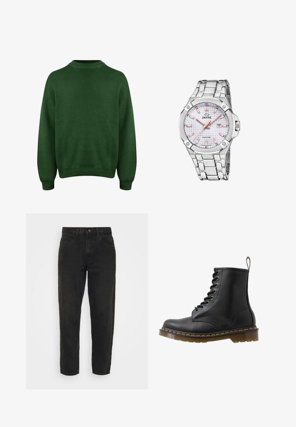 Vihreä neulottu villapaita, jossa on korkea kaulus, laskettu olkamerkki ja ribbaattiset hihansuut ja helma. Ominaisuutena teksturoitu, pehmeä kangas.; Redefined Rebel KYOTO - Relaxed fit -farkut - black stone; Musta nahkasaapas nilkkamallilla, pyöreällä kärjellä, nyörityksellä ja oranssilla ompeleella, sekä paksulla läpinäkyvällä pohjalla. Takana vetoketju.; Kellot, joissa on hopeanvärinen ruostumaton teräs, teksturoitu valkoinen kellotaulu, ruusukultaiset yksityiskohdat, päivämääränäyttö ja linkkihihna. Safiirilasi.