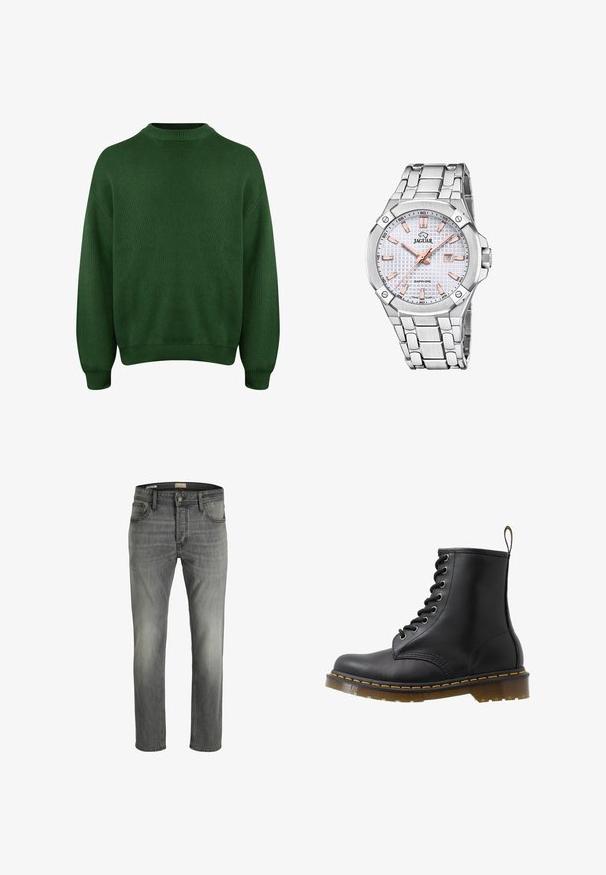 Maglione verde lavorato a maglia con collo alto, spalle scese e polsini e orlo a costine. Presenta un tessuto morbido e testurizzato.; Jeans in denim grigio con un leggero effetto sbiadito, design a gamba dritta, cinque tasche e chiusura con un singolo bottone metallico.; Stivale alla caviglia in pelle nera con punta rotonda, design con lacci ad occhiello, cuciture arancioni e suola spessa traslucida. Loops sul retro.; Orologio in acciaio inossidabile argentato con un quadrante bianco testurizzato, dettagli in oro rosa, indicatore della data e bracciale a maglie. Vetro zaffiro.