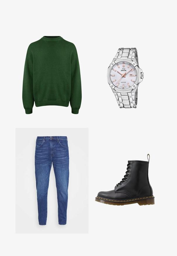 Sweater verde de punto con un cuello alto, costuras de hombro caídas y puños y dobladillo acanalados. Presenta una tela suave y texturada.; Jeans de mezclilla azul oscuro con corte entallado, que cuentan con cinco bolsillos, cierre de botón y un ligero desgaste en los muslos. Textura suave.; Botín de cuero negro con punta redonda, diseño de cordones con ojales, costuras naranjas y suela chunky translúcida. Lleva un tirador en la parte trasera.; Reloj de acero inoxidable plateado con un dial blanco texturizado, acentos en oro rosa, display de fecha y brazalete tipo eslabón. Cristal de zafiro.