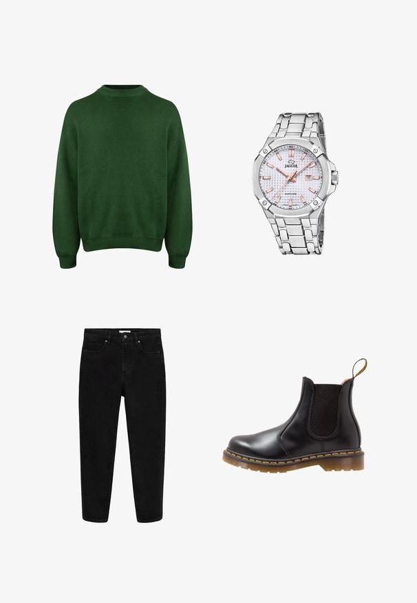 Sweater verde de punto con un cuello alto, costuras de hombro caídas y puños y dobladillo acanalados. Presenta una tela suave y texturada.; Mango Vaqueros rectos - black denim; Botín Chelsea de cuero negro con paneles laterales elásticos, costuras amarillas y suela de goma texturizada. Cuenta con una lengüeta para facilitar el calzado.; Reloj de acero inoxidable plateado con un dial blanco texturizado, acentos en oro rosa, display de fecha y brazalete tipo eslabón. Cristal de zafiro.