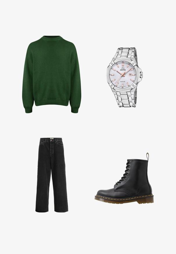 Maglione verde lavorato a maglia con collo alto, spalle scese e polsini e orlo a costine. Presenta un tessuto morbido e testurizzato.; Jeans neri a gamba larga realizzati in tessuto denim. Presentano una vita alta, due tasche frontali, una chiusura con bottone e dettagli di cucitura sottili.; Stivale alla caviglia in pelle nera con punta rotonda, design con lacci ad occhiello, cuciture arancioni e suola spessa traslucida. Loops sul retro.; Orologio in acciaio inossidabile argentato con un quadrante bianco testurizzato, dettagli in oro rosa, indicatore della data e bracciale a maglie. Vetro zaffiro.