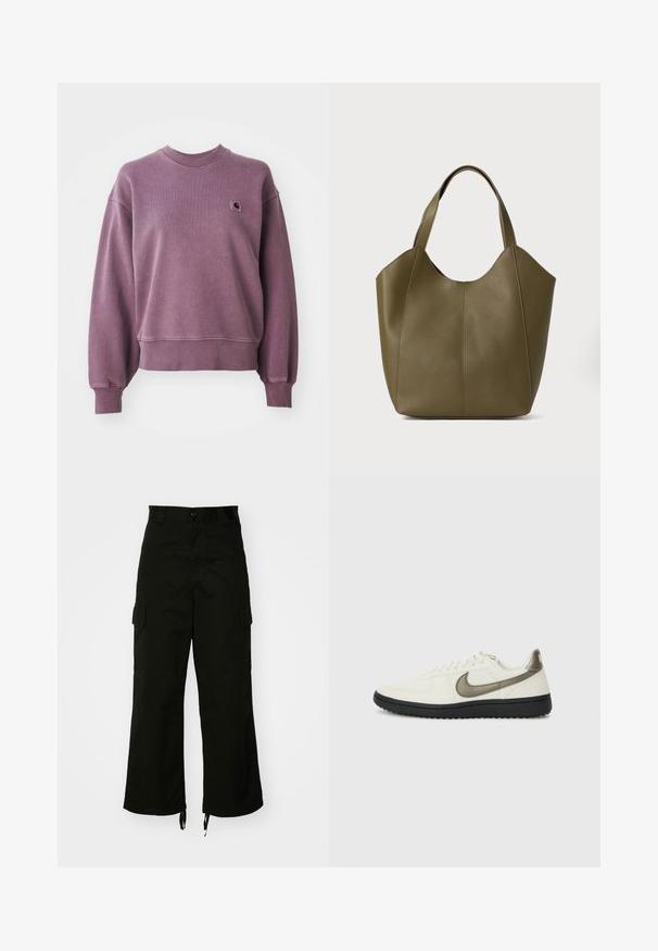 Purpurna dukserica s okruglim izrezom, s rebrastim manžetama i donjim rubom, koja ima mali kvadratni Carhartt logo zakrpu na lijevoj strani prsiju.; Crne cargo hlače od pamuka, širokih nogavica, s bočnim džepovima i rubovima s drškom. Dizajn uključuje kopčanje na gumbu u struku.; Nike Sportswear FIELD GENERAL - Tenisice - off-white/black; Torbica u maslinastoj koži s dvostrukim ručkama, glatke teksture i dizajnom od četiri panela. Ojačane šavove duž šavova za dugotrajnost.