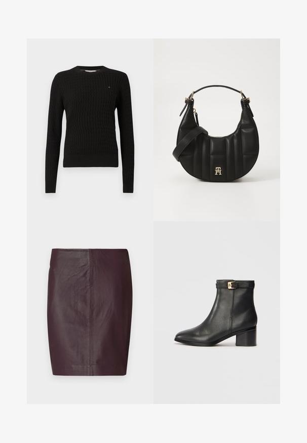Suéter negro de punto con un patrón texturizado, cuello redondo, mangas largas y dobladillo acanalado. Presenta un pequeño logo en el pecho.; Falda de cuero burdeos oscuro con una textura suave, diseño ajustado y silueta recta. Presenta costuras mínimas y sin herrajes visibles.; Botines de cuero negro hasta el tobillo con una textura suave, punta redondeada y un acento de hebilla en tono dorado en la correa del tobillo. Diseño de tacón cuadrado.; Bolso de cuero negro con forma curvada, textura acolchada y herrajes dorados. Presenta una correa de hombro desmontable y un detalle de logo.