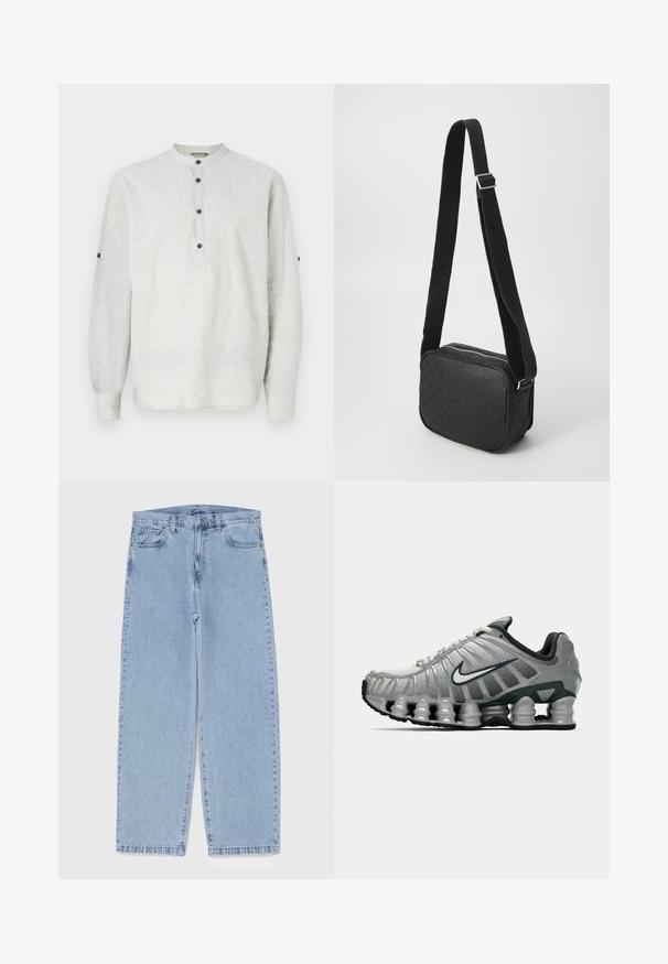 Kapucineriga särkpusa pehmest kangast, millel on akvarellmustrit halli ja valge tooni kombinatsioonis. Selles on eesmine tasku ja reguleeritav pael.; Heled hallid pikaaegne särk, mis on valmistatud linast, esitleb püsti kaelust, kolme nupu pluusit ning nööbikaunistusi varrukatel.; Heled sinise denimi sirgete põlvede lõikega teksad, millel on keskmise kõrgusega vöökoht, viis taskut ning nööbid ja tõmblukk.; Hallikas ja must Nike jooksutoss, mille all on näha kevadelik ammortiseerimine ja külje peal on valge sarnase logo.; Must nahkkrohvkäekott tekstuurse mustriga, ristkülikukujuline, varustatud luku ja kontrastse kangast rihmaga.