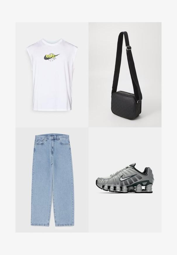 Džemper s kapuljačom od mekane tkanine, sa akvarel uzorkom u nijansama sive i bijele. Ima prednji džep i uzicu.; Bijela bezrukavna Nike košarkaška majica s žutim i crnim logom centriranim na prsima, na jednostavnoj pozadini.; Svijetloplave traperice s ravnim nogavicama, sa srednjim strukom, pet džepova i zatvaranjem na dugme i patentni zatvarač.; Sive i crne Nike trkaće cipele s vidljivim opružnim jastučićem ispod đona i bijelim swoosh logotipom sa strane.; Crna torbica na rame s teksturiranim uzorkom kože, pravokutnog oblika, s patentnim zatvaračem i naramenicom od kontrastne tkanine.