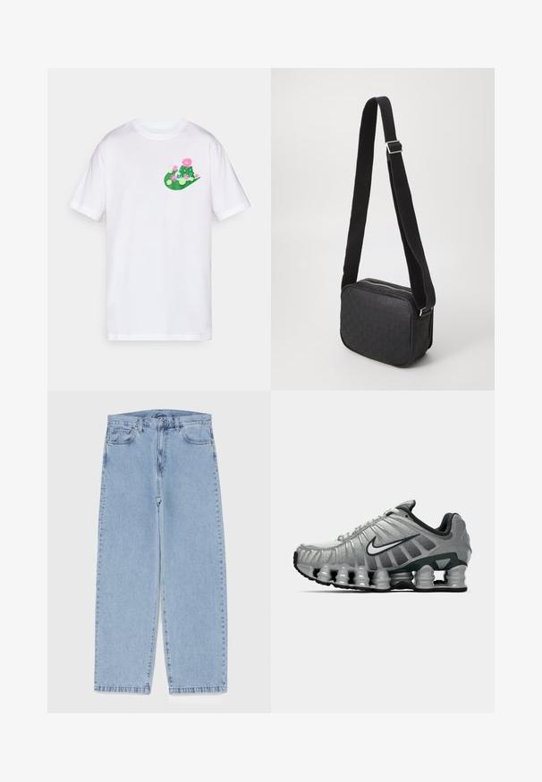 Bluza z kapturem z miękkiego materiału, z wzorem akwarelowym w odcieniach szarości i bieli. Posiada kieszeń z przodu oraz sznurek do regulacji.; Biała bawełniana koszulka z kolorowym wzorem graficznym w odcieniach zieleni i różu, przedstawiającym kaktusy i kwiaty na lewej stronie klatki piersiowej.; Jasnoniebieskie dżinsy o prostym kroju nogawki, z średnim stanem, pięcioma kieszeniami oraz zapięciem na guzik i zamek błyskawiczny.; Szare i czarne buty biegowe Nike z widocznym, sprężystym tłumieniem pod podeszwą oraz białym logo swoosh po boku.; Czarna torba na ramię z fakturowanym wzorem skóry, o prostokątnym kształcie, wyposażona w zamknięcie na zamek błyskawiczny oraz kontrastowy pasek wykonany z tkaniny.