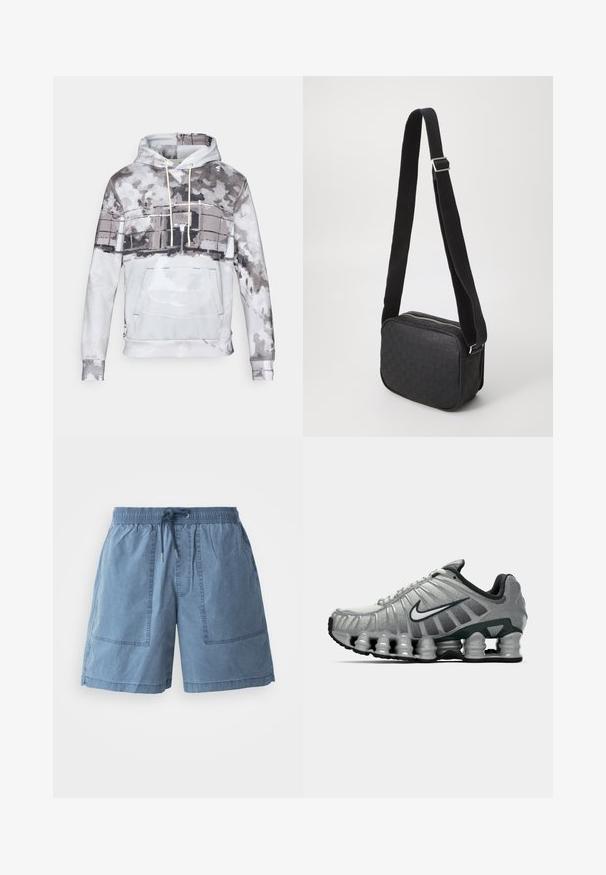 Hooded sweatshirt in soft fabric, featuring a watercolor pattern in shades of gray and white. Includes a front pocket and drawstring.; Cotton blend shorts in light blue with an elastic waistband, adjustable drawstring, two large front pockets, and a relaxed fit.; Grey and black Nike running shoe with visible spring-like cushioning under the sole and a white swoosh logo on the side.; Black crossbody bag with a textured leather pattern, rectangular shape, featuring a zip closure and a contrasting fabric strap.