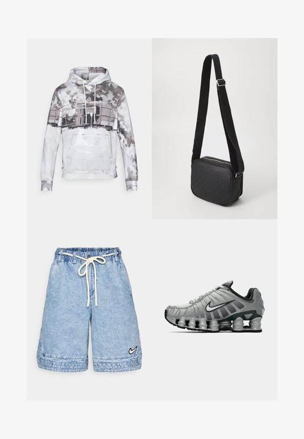 Kapucineriga särkpusa pehmest kangast, millel on akvarellmustrit halli ja valge tooni kombinatsioonis. Selles on eesmine tasku ja reguleeritav pael.; Heledad teksased helesinise värviga, elastse vöökoha ja nööriga. Omab küljetaskuid ja väikest musta Nike logo ääres.; Hallikas ja must Nike jooksutoss, mille all on näha kevadelik ammortiseerimine ja külje peal on valge sarnase logo.; Must nahkkrohvkäekott tekstuurse mustriga, ristkülikukujuline, varustatud luku ja kontrastse kangast rihmaga.