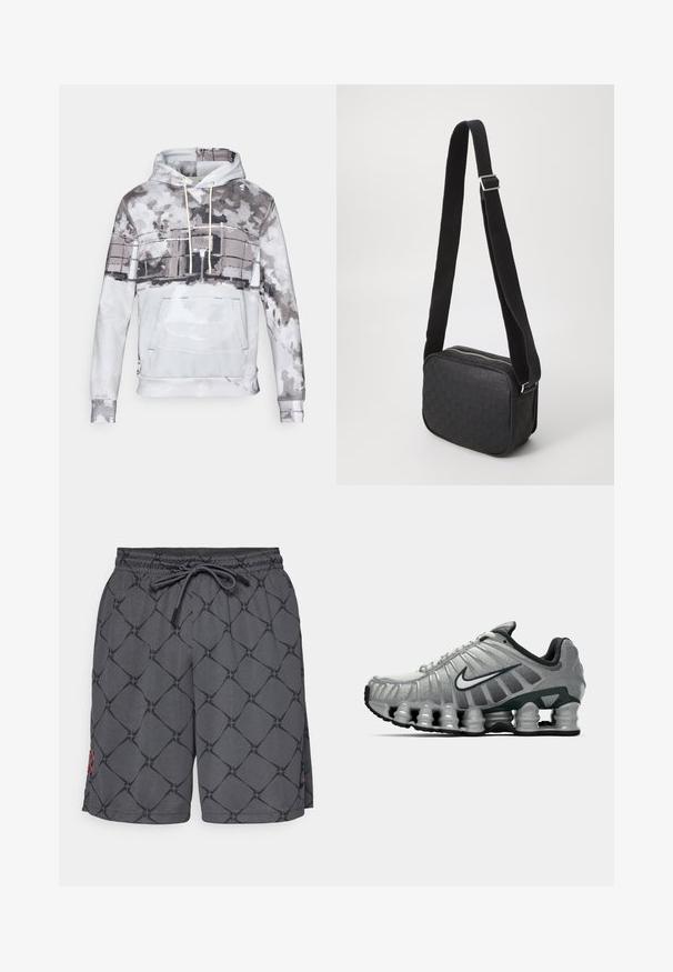 Kapišonas sušaldes medžiagos, su akvarelės raštu pilkos ir baltos spalvos atspalviais. Apima priekinę kišenę ir raištelį.; Pilki maudymosi šortai su juodu geometriniu raštu, elastinga juosta ir raišteliu. Šone yra raudona siuvinėta detalė. Lygus audinio paviršius.; Pilkai juodas Nike bėgimo batas su matomu pavasario tipo amortizacija po padu ir baltu swoosh logotipu šone.; Juoda rankinė per petį su tekstūruotu odiniu raštu, stačiakampio formos, su užtrauktuko uždarymu ir kontrastingu audinio dirželiu.