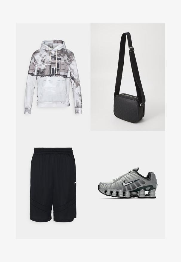 Hooded sweatshirt in soft fabric, featuring a watercolor pattern in shades of gray and white. Includes a front pocket and drawstring.; Black sports shorts featuring a mesh texture, elastic waistband, and angled stripe design on the sides. Includes a small white logo.; Grey and black Nike running shoe with visible spring-like cushioning under the sole and a white swoosh logo on the side.; Black crossbody bag with a textured leather pattern, rectangular shape, featuring a zip closure and a contrasting fabric strap.