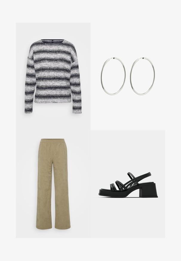 Halluhalli ja mustri triibuline pika varrukaga topp ümmarguse kaelusega. Pehme, tekstuuriga kangas erineva triibu laius ja mugav lõige.; Laiad puhv- ja korkkangast püksid muted oliivrohelises värvitoonis. Omab tekstuuriga jooni, elastset vööd ja lõdva lõiget. Taskud pole nähtaval.; Mustad kontsad mustade peenikeste rihmadega ja laia blokknõelaga. Kiire disain matist tekstuurist. Jalapadi on kergelt kumer.; Hõbedased rõngas kõrvarõngad, millel on sile ja poleeritud viimistlus. Ringikujuline, ühtlane laius, kerge kinnitamise jaoks. Lihtne ja elegantne.