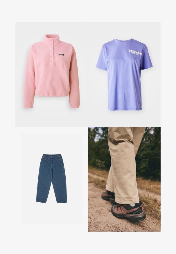 Pink Columbia fleece pullover with long sleeves, snap-button chest placket, and stand-up collar, made of soft textured fabric.; Purple cotton t-shirt with a crew neckline, short sleeves, and white "ellesse" logo text printed on the front. Smooth texture.; Blue denim jeans with a relaxed fit, high waist, five-pocket design, and stitching accents. Features a button and zipper closure.; Salomon X ULTRA 360 LTR GORE TEX - Hiking shoes - cognac/peppercorn/black