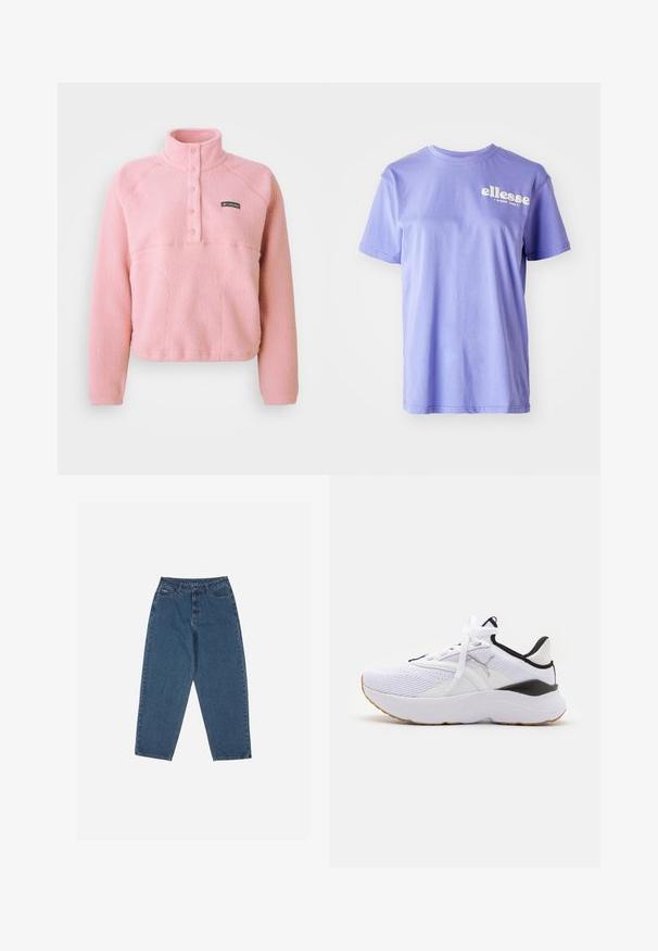 Pink Columbia fleece pullover with long sleeves, snap-button chest placket, and stand-up collar, made of soft textured fabric.; Purple cotton t-shirt with a crew neckline, short sleeves, and white "ellesse" logo text printed on the front. Smooth texture.; Blue denim jeans with a relaxed fit, high waist, five-pocket design, and stitching accents. Features a button and zipper closure.; White athletic shoe with mesh upper, black accents, and a thick rubber sole. Features traditional laces and textured areas for support.