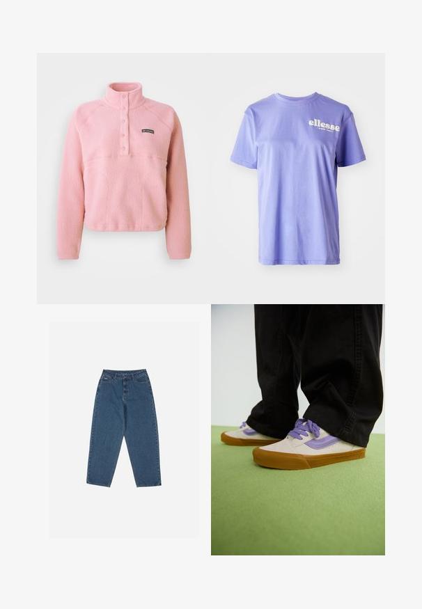 Ροζ φλις πουλόβερ Columbia με μακριά μανίκια, πατιλέτα στήθους με κουμπιά snap και όρθιο γιακά, κατασκευασμένο από μαλακό υφασμάτινο υλικό.; Μωβ βαμβακερό t-shirt με στρογγυλή λαιμόκοψη, κοντά μανίκια και λευκό λογότυπο "ellesse" τυπωμένο μπροστά. Λείο υλικό.; Μπλε τζιν παντελόνια με χαλαρή γραμμή, ψηλή μέση, πενταθ-pocket σχέδιο και ραφές λεπτομέρειες. Διαθέτει κούμπωμα με κουμπί και φερμουάρ.; Ανοιχτό μπεζ παπούτσια με μωβ λεπτομέρειες, λαστιχένια σόλα από καουτσούκ και ίσιους κορδόνια. Φορεμένα με μαύρο παντελόνι, εκτεθειμένα σε μια πράσινη υφή επιφάνειας.