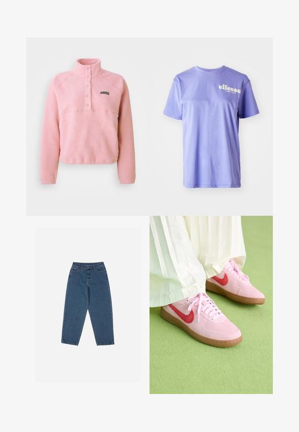 Rožinė Columbia flisinė megztinė ilgomis rankovėmis, su užsegimu krūtinėje, spaudžiamais mygtukais ir stovinčiu apykakle, pagaminta iš minkštos tekstūruotos medžiagos.; Violetinės medvilninės marškinėliai su apvalia iškirpte, trumpomis rankovėmis ir baltu „ellesse“ logotipo tekstu, atspaustu ant priekio. Lygi tekstūra.; Mėlyni džinsai su laisvu siluetu, aukštu juosmeniu, penkių kišenių dizainu ir siuvinio akcentais. Su mygtuku ir užtrauktuku.; Rožinės zomšinės sportbačiai su raudonu logo ir atitinkančiomis raištelėmis. Padas yra šviesiai rudas guma. Dėvimi su baltais raukiniais nuo kelnių ant žalios paviršiaus.
