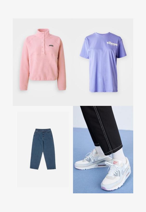 Pulôver rosa Columbia em fleece com mangas longas, placket de botões de pressão no peito e gola alta, feito de tecido texturizado suave.; T-shirt de algodão roxo com decote redondo, mangas curtas e texto do logótipo "ellesse" em branco impresso à frente. Textura suave.; Calças de ganga azul com um corte descontraído, cintura alta, design de cinco bolsos e detalhes em costura. Apresenta um fecho com botão e zíper.; Nike Sportswear AIR MAX 90 - Sapatilhas - summit white/wolf grey/beyond pink/pure platinum/red stardust/light bone
