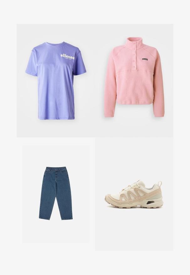 Rožinė Columbia flisinė megztinė ilgomis rankovėmis, su užsegimu krūtinėje, spaudžiamais mygtukais ir stovinčiu apykakle, pagaminta iš minkštos tekstūruotos medžiagos.; Violetinės medvilninės marškinėliai su apvalia iškirpte, trumpomis rankovėmis ir baltu „ellesse“ logotipo tekstu, atspaustu ant priekio. Lygi tekstūra.; Mėlyni džinsai su laisvu siluetu, aukštu juosmeniu, penkių kišenių dizainu ir siuvinio akcentais. Su mygtuku ir užtrauktuku.; Bežinės ir kreminės spalvos sportinės bateliai su tekstūruoto tinklelio viršutine dalimi, palaikančiomis detalėmis ir guminiais padais, turinčiais raštą, užtikrinantį sukibimą.