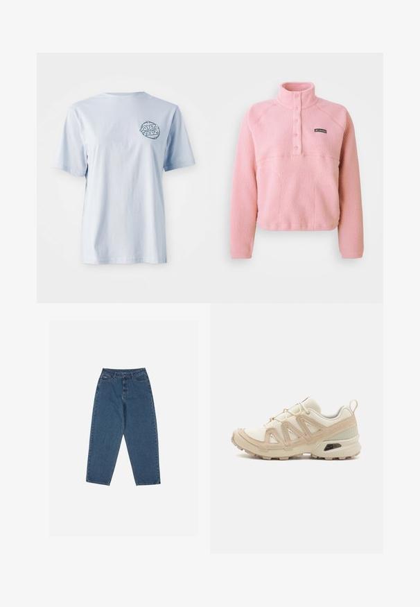 Różowy polarowy pulower Columbia z długimi rękawami, zapięciem na zatrzaski na klatce piersiowej i staniem kołnierza, wykonany z miękkiego, teksturowanego materiału.; Jasnoniebieska bawełniana koszulka z krótkim rękawem, z okrągłym graficznym logo w ciemnoniebieskim kolorze na lewej piersi.; Niebieskie dżinsy o luźnym kroju, wysoki stan, pięć kieszeni i akcenty przeszycia. Posiadają zapięcie na guzik i zamek błyskawiczny.; Beżowe i kremowe buty sportowe z teksturowanej siateczki, wspierającymi nakładkami oraz gumową podeszwą z wzorem bieżnika zapewniającym przyczepność.