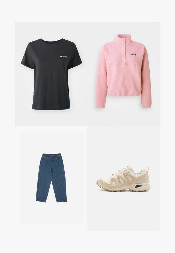 Różowy polarowy pulower Columbia z długimi rękawami, zapięciem na zatrzaski na klatce piersiowej i staniem kołnierza, wykonany z miękkiego, teksturowanego materiału.; Czarna bawełniana koszulka z krótkim rękawem, okrągłym dekoltem i małym białym logo Columbia Sportswear po lewej stronie klatki piersiowej.; Niebieskie dżinsy o luźnym kroju, wysoki stan, pięć kieszeni i akcenty przeszycia. Posiadają zapięcie na guzik i zamek błyskawiczny.; Beżowe i kremowe buty sportowe z teksturowanej siateczki, wspierającymi nakładkami oraz gumową podeszwą z wzorem bieżnika zapewniającym przyczepność.