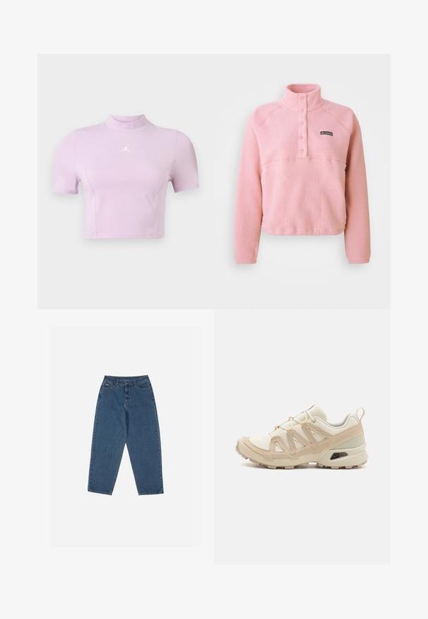Rosa Columbia fleece-pullover med lange ermer, snap-knapp brystplacket og høy krage, laget av mykt teksturert stoff.; Kortsleevet cropped topp i lys lilla, laget av stretchy stoff. Har en mock neck og en hvit logo på brystet. Glatt tekstur.; Blå denim jeans med en avslappet passform, høy midje, femlommesdesign og sømdetaljer. Har en knapp- og glidelås-lukking.; Beige og krem joggesko med teksturert mesh-overdel, støttende overlegg og gummisåle med et mønster for godt grep.
