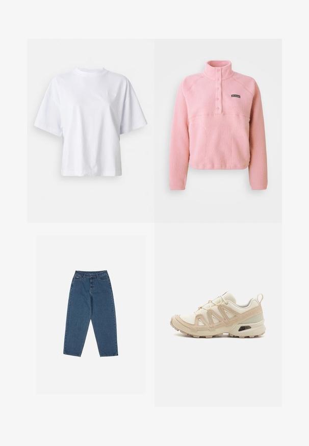 Roze Columbia fleece pullover met lange mouwen, knoopsluiting op de borst en rechtopstaande kraag, gemaakt van zachte, gestructureerde stof.; Witte katoenen t-shirt met een relaxed fit, korte mouwen en een geribde ronde hals. Heeft subtiele branding op de borst.; Blauwe denim jeans met een ontspannen pasvorm, hoge taille, vijf-pocket ontwerp en stikselaccenten. Voorzien van een knoop- en ritssluiting.; Beige en crème sportschoen met een textuur-mesh bovenwerk, ondersteunende overlays en een rubberen zool met een profielpatroon voor grip.