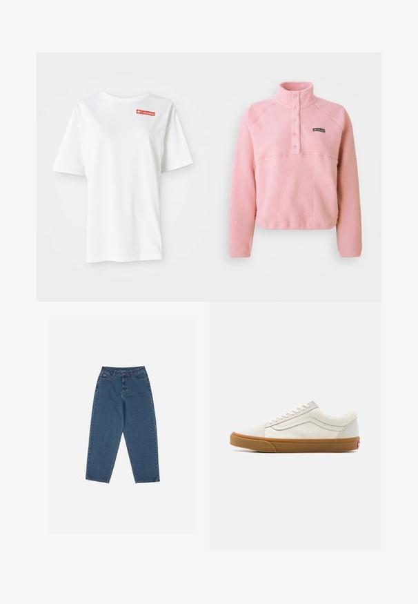 Rosa Columbia fleece-pullover med lange ermer, snap-knapp brystplacket og høy krage, laget av mykt teksturert stoff.; Hvit bomull T-skjorte med korte ermer og rund hals, med en liten rød Columbia-logo på venstre brystområde.; Blå denim jeans med en avslappet passform, høy midje, femlommesdesign og sømdetaljer. Har en knapp- og glidelås-lukking.; Hvite lerret sneakers med lav skaft, gummisåle, rund tå, snøring og sidestripe i lær.
