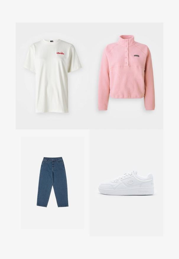 Pulôver rosa Columbia em fleece com mangas longas, placket de botões de pressão no peito e gola alta, feito de tecido texturizado suave.; T-shirt de algodão branco com decote redondo e mangas curtas; pequeno logótipo vermelho "ellesse" na área do peito esquerdo; textura suave.; Calças de ganga azul com um corte descontraído, cintura alta, design de cinco bolsos e detalhes em costura. Apresenta um fecho com botão e zíper.; Sapatilha branca feita de material sintético liso, com bico arredondado, sola plana e discretos detalhes do logótipo nas laterais. Design clássico de cano baixo.