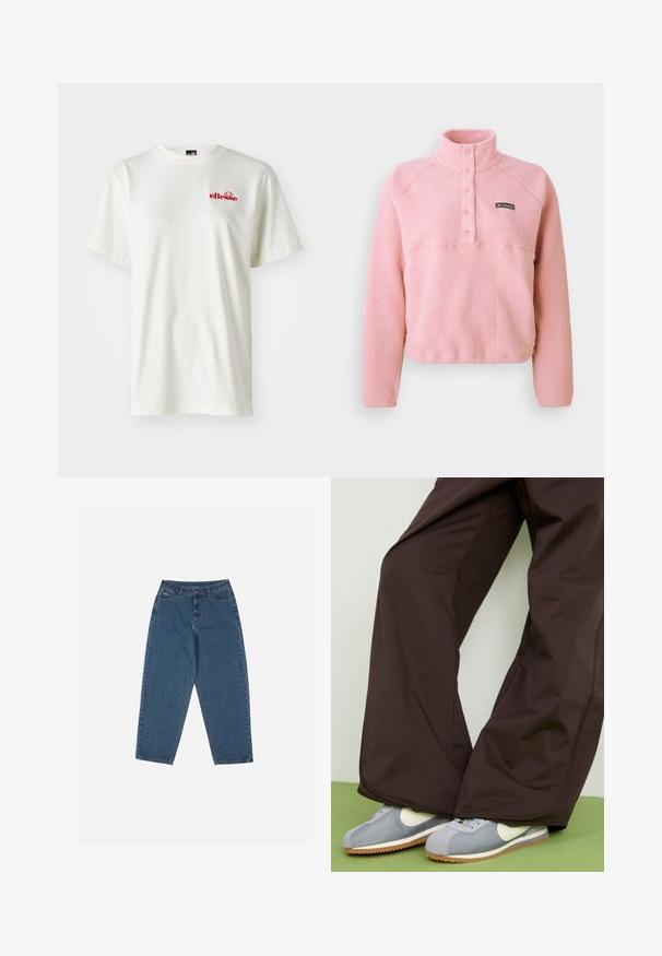 Polar fleece de Columbia en color rosa, con mangas largas, tapeta de botones a presión en el pecho y cuello alto, hecho de un tejido suave y texturizado.; Camiseta de algodón blanca con cuello redondo y mangas cortas; pequeño logo rojo de "ellesse" en el área del pecho izquierdo; textura suave.; Vaqueros de denim azul con un corte relajado, cintura alta, diseño de cinco bolsillos y acentos de costura. Cuenta con un cierre de botón y cremallera.; Pantalones de pierna ancha marrones con textura suave y detalles en las costuras laterales, combinados con zapatillas de estilo retro en gris y blanco con suela de goma.