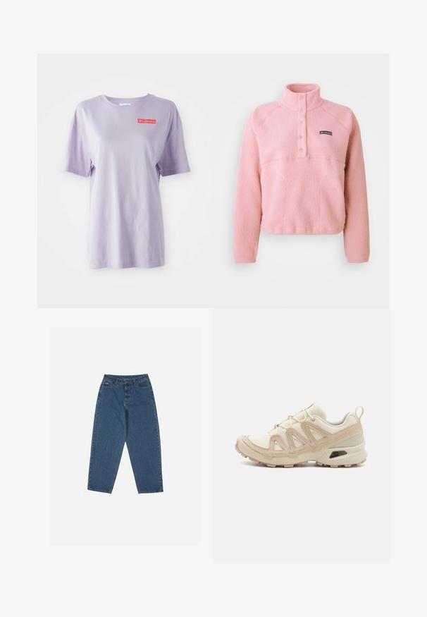 Rozā Columbia vilnas puloveris ar garām piedurknēm, aizdare ar snap-button krūšu daļā un augstu apkakli, izgatavots no mīkstas teksturētas auduma.; Lillā īsām piedurkņu T-kreklam no kokvilnas ar apaļu kakla izgriezumu un sarkano Columbia logo priekšā. Gluda tekstūra, brīva piegriezuma.; Zilā džinsu auduma bikses ar brīvu piegriezumu, augstu jostasvietu, piecu kabatu dizainu un šuvju akcentiem. Iekļauts pogu un rāvējslēdzēja aizdare.; Beige un krēma sporta apavi ar strukturētu tīkla virsmu, atbalstošajiem slāņiem un gumijas zoli ar protektoru rakstu, kas nodrošina saķeri.