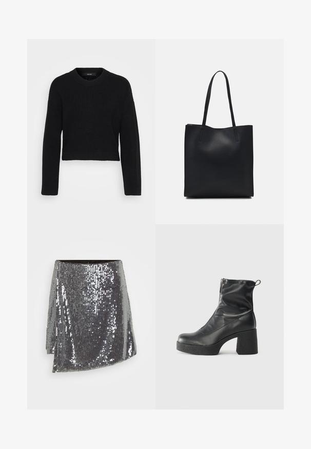 Čierny skrátený sveter vyrobený z pleteného materiálu. Má okrúhly výstrih, dlhé rukávy a textúrovaný povrch s priliehavým lemom.; Strieborná mini sukňa s flitrami a prekrývajúcim dizajnom, so štruktúrovaným povrchom a mierne asymetrickým lemom.; Čierne členkové topánky z hladkej kože, so bočným zipsom, robustnou textúrovanou pätnou časťou a zaobleným dizajnom špičky.; Čierna kožená taška na rameno s hladkým povrchom, obdĺžnikovým tvarom a dvoma dlhými uchami. Bez viditeľného kovania alebo ozdôb.